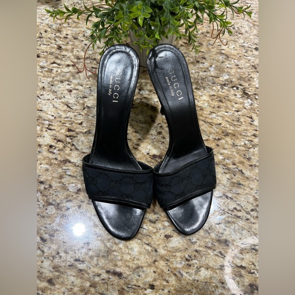 Gucci Black GG Pattern Canvas Leather Stiletto Heel Sandals EU37.5 - Picture 1 of 10
